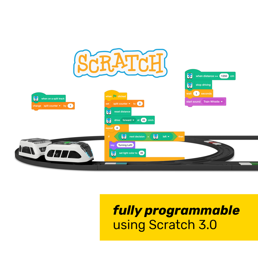 Scratchのブロックと実物のスマートトレインを組み合わせたイメージ
